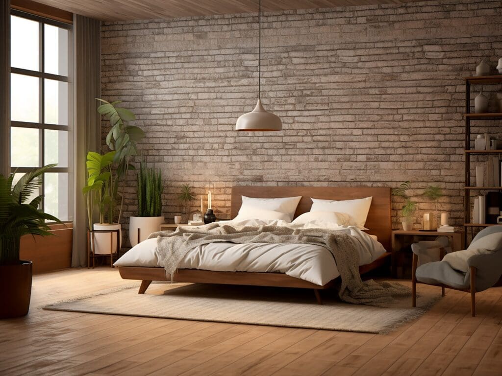 bedroom with brick wall